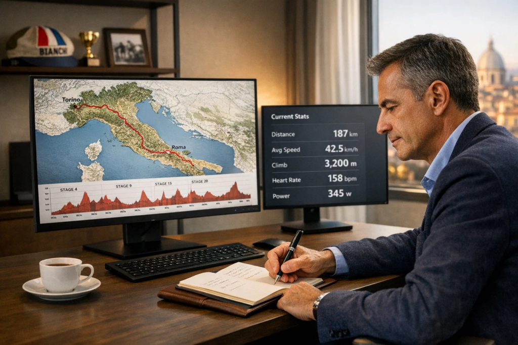 Esperto di ciclismo analizza percorsi e statistiche di gara su monitor multipli in un ufficio moderno