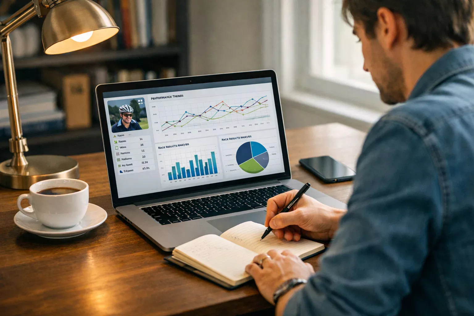 Persona concentrata che analizza statistiche e dati sul ciclismo su un laptop con grafici e tabelle sullo schermo
