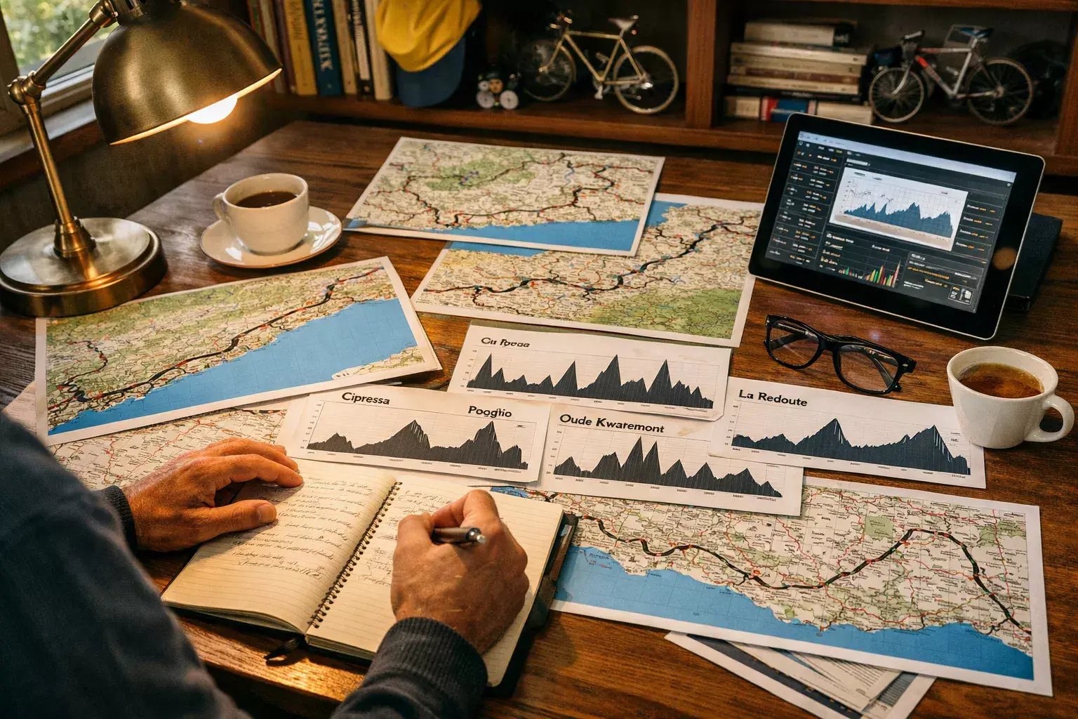 Esperto di ciclismo che studia mappe dei percorsi e profili altimetrici delle Classiche Monumento su una scrivania con appunti e documenti