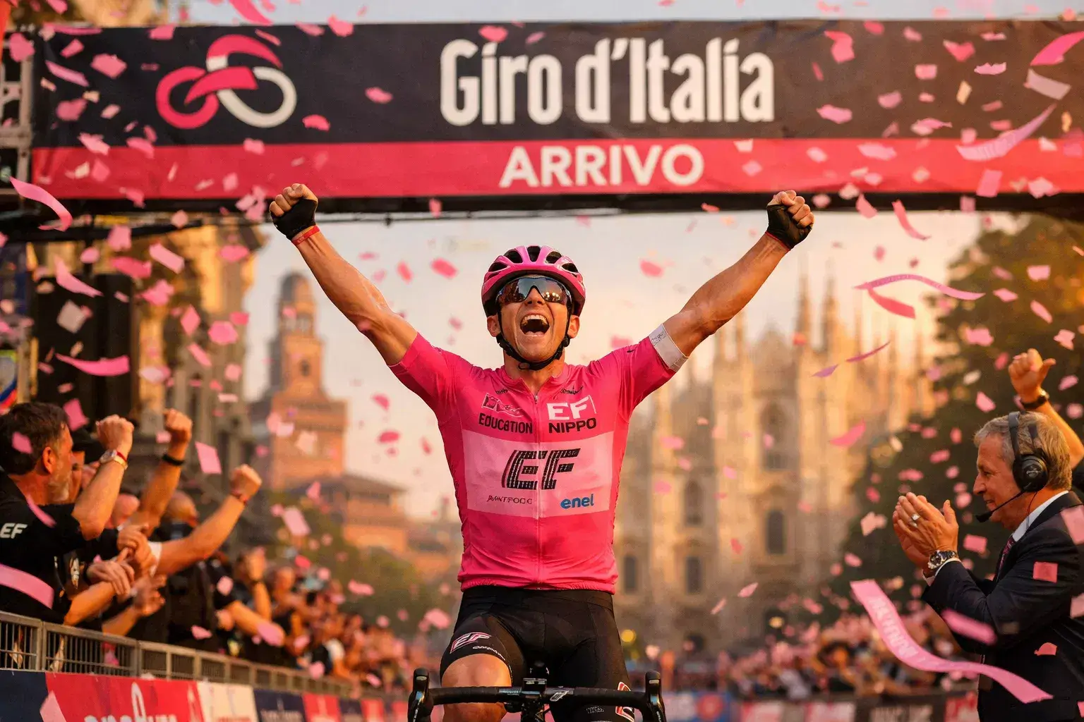 Ciclista vincitore del Giro d'Italia che taglia il traguardo finale a Milano con le braccia alzate indossando la maglia rosa