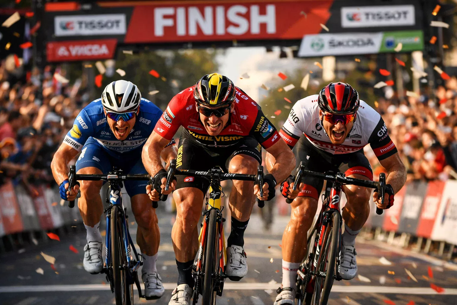 Emozionante arrivo di tappa con ciclisti che si contendono la vittoria in volata sotto lo striscione del traguardo