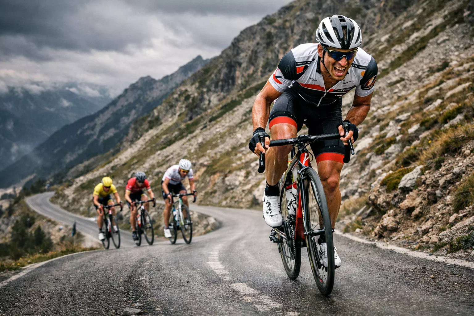 Ciclista professionista che lancia un attacco decisivo su una salita di montagna staccando il gruppo degli inseguitori