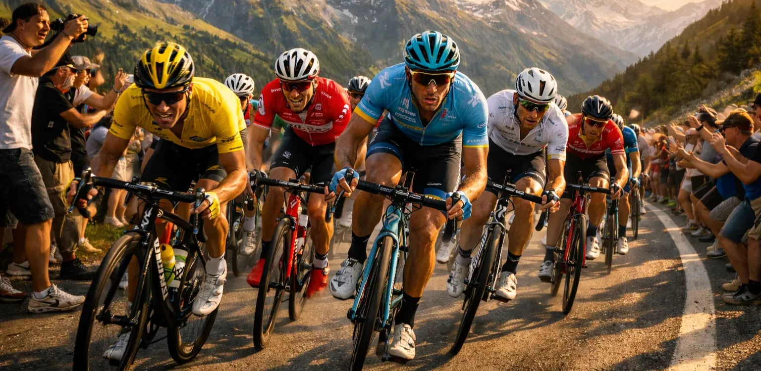 Gruppo di ciclisti professionisti in azione durante una tappa di montagna con spettatori che seguono la corsa dal vivo