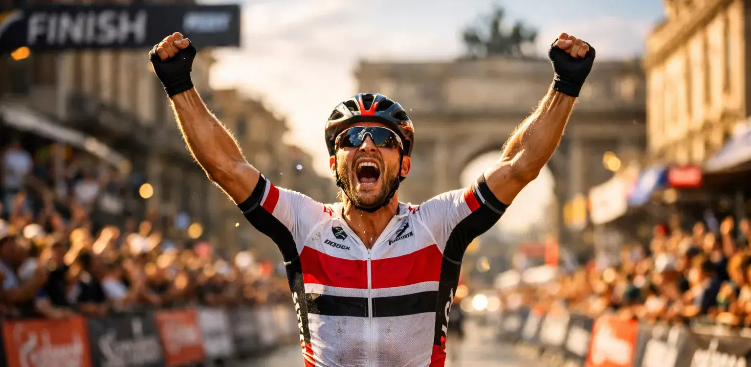 Ciclista professionista che vince una Classica Monumento alzando le braccia al traguardo su una strada storica del ciclismo