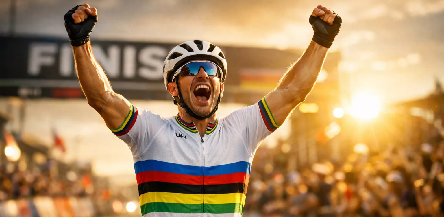 Ciclista professionista che alza le braccia al cielo indossando la maglia iridata arcobaleno durante un trionfo mondiale