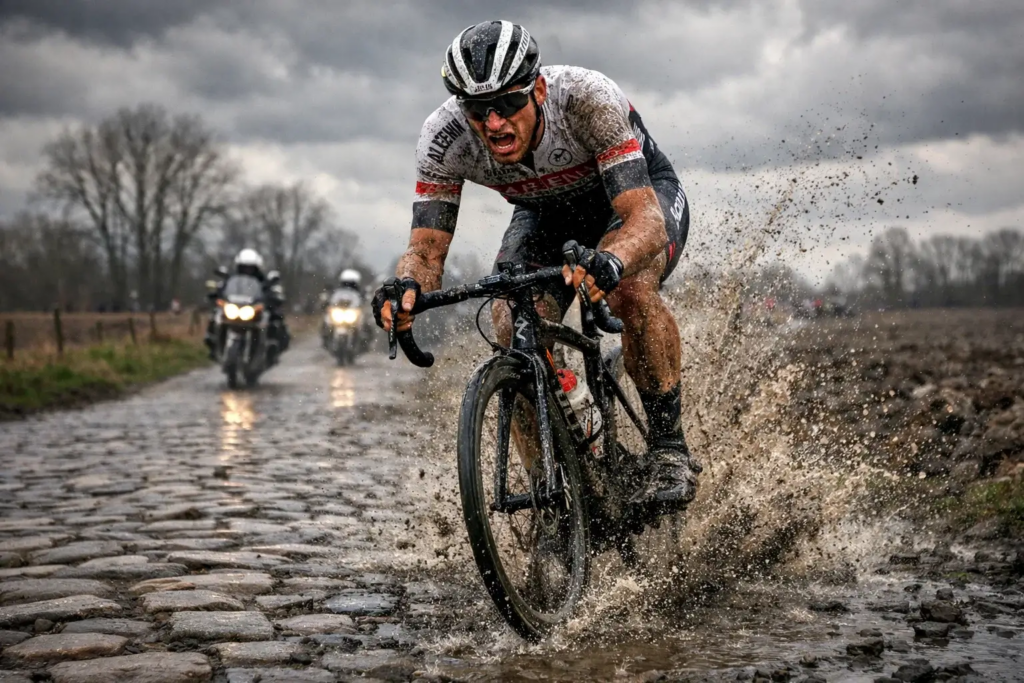 Ciclista professionista affronta il leggendario pavé delle Classiche del Nord in condizioni epiche con fango e fatica