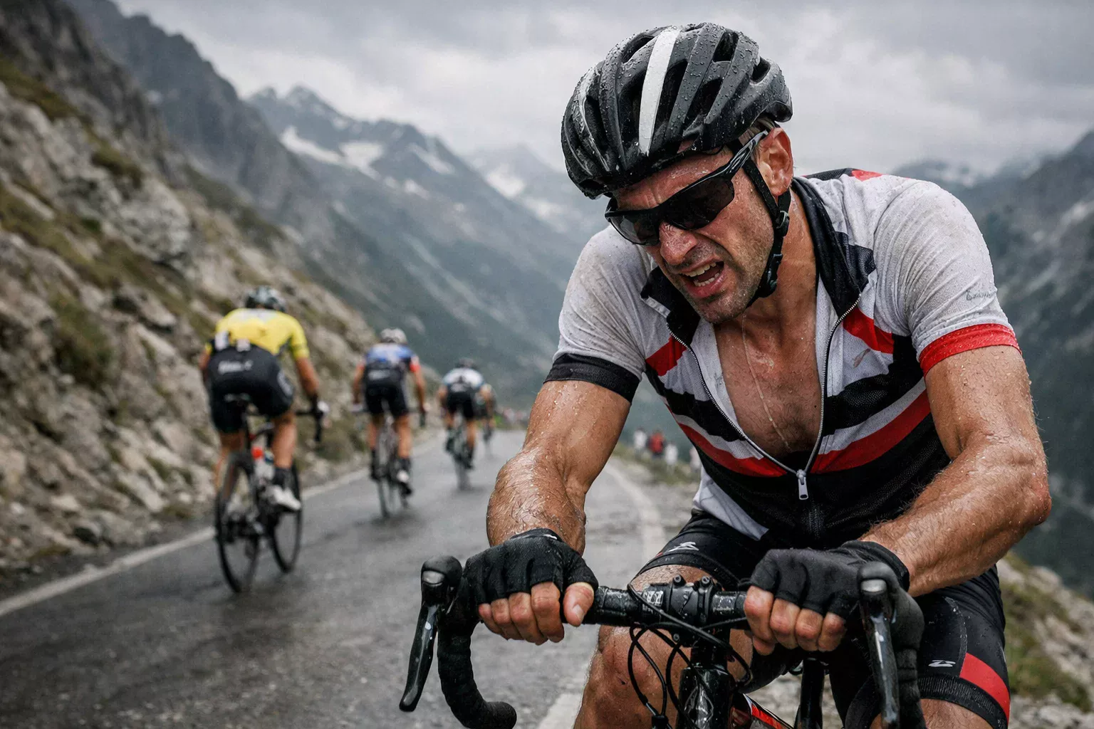 Ciclista professionista in evidente difficolta fisica durante una salita che mostra segni di stanchezza estrema