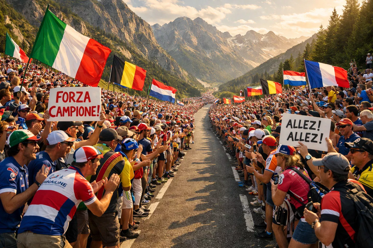 Grande folla di tifosi entusiasti lungo il percorso del Mondiale di ciclismo che sventolano bandiere nazionali e incitano i corridori