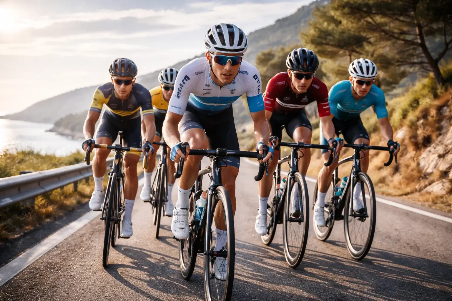 Giovani ciclisti professionisti della nuova generazione che si allenano insieme su una strada panoramica rappresentando il futuro del ciclismo