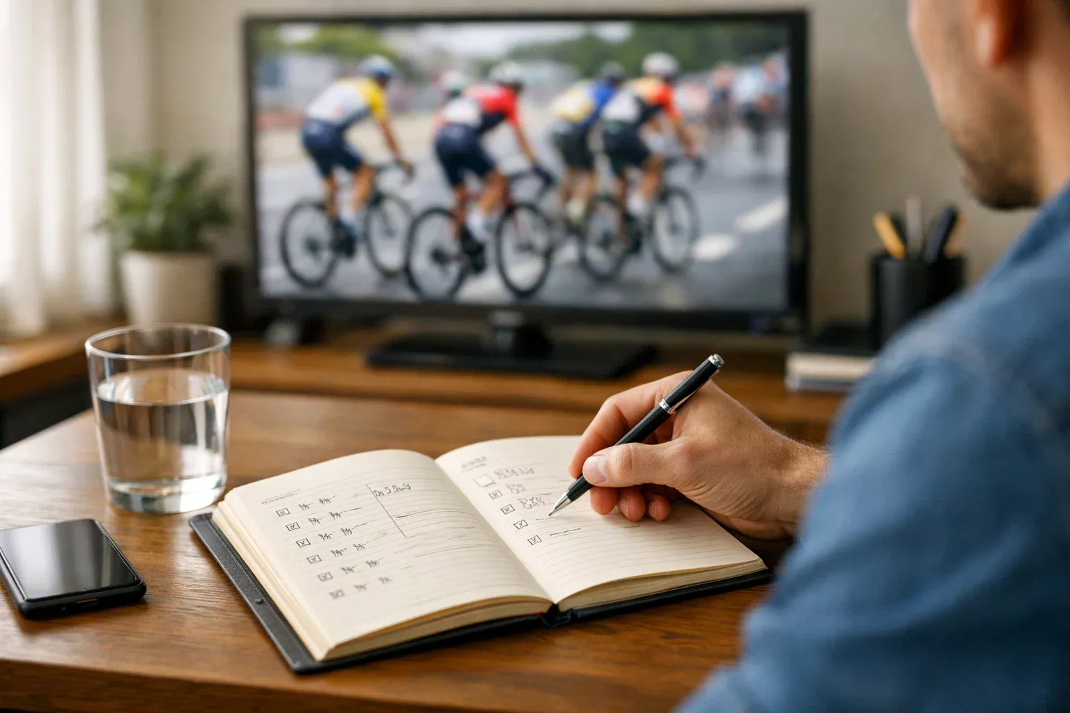 Persona che prende appunti su un taccuino mentre segue una corsa ciclistica alla televisione gestendo le proprie scommesse