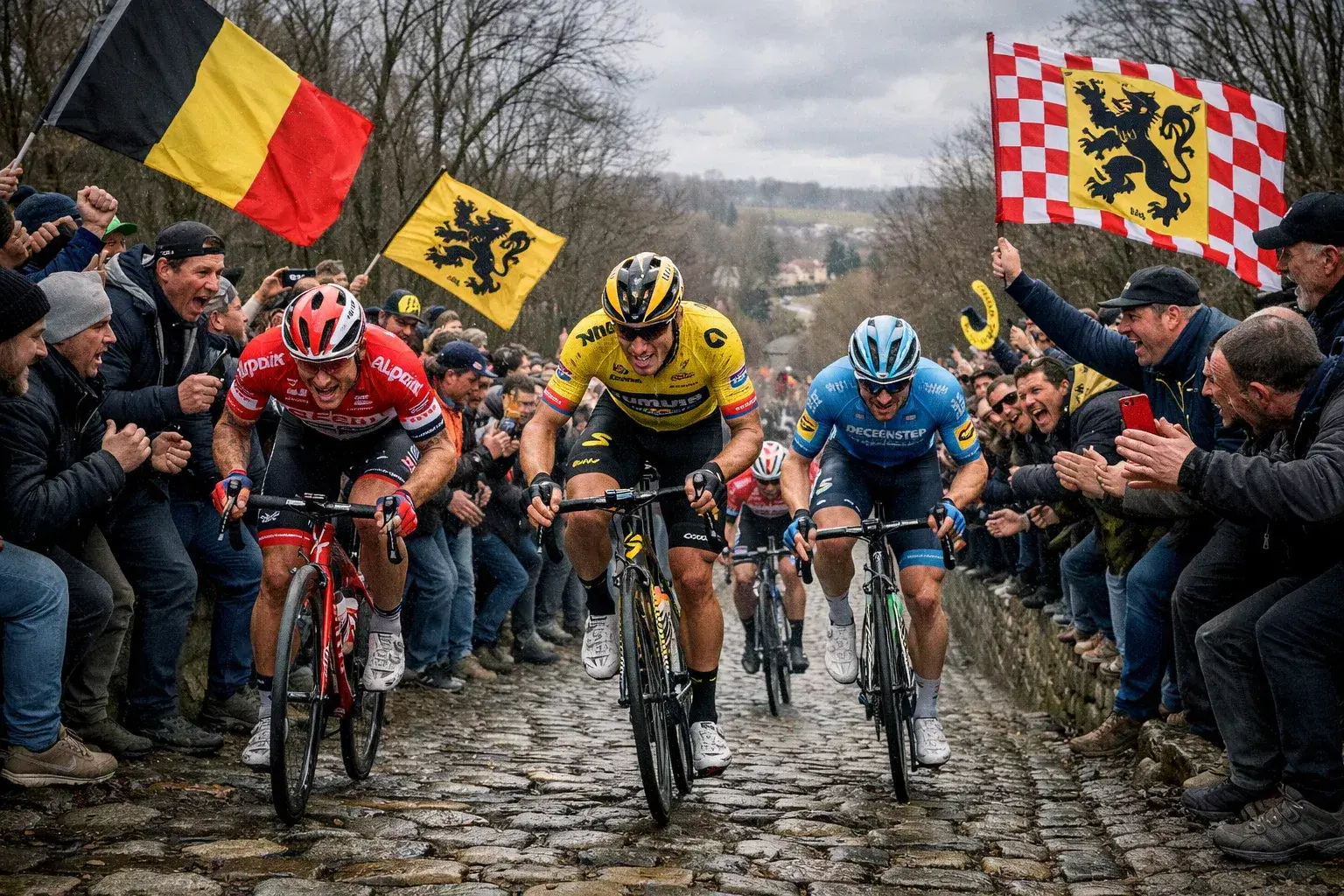 Ciclisti che affrontano un ripido muro in pavé durante il Giro delle Fiandre con tifosi entusiasti ai lati della strada