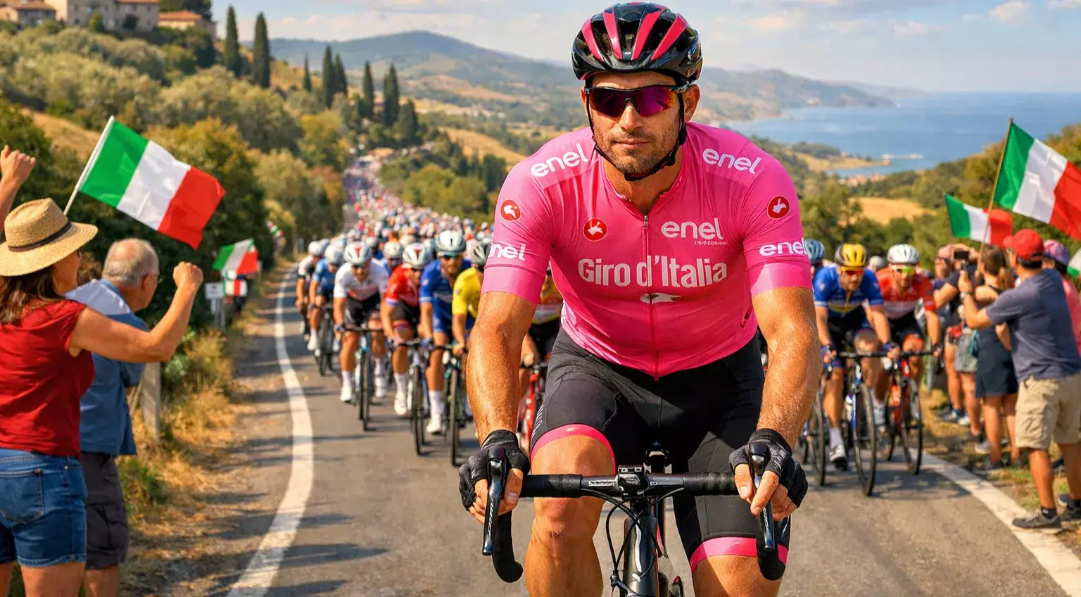 Ciclista che indossa la maglia rosa del Giro d'Italia mentre guida il gruppo su una strada panoramica italiana