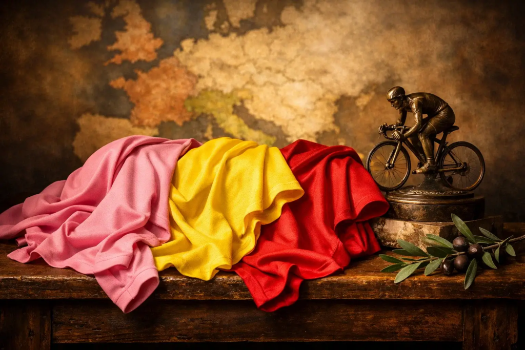 Le iconiche maglie dei tre Grandi Giri: Maglia Rosa del Giro, Maglia Gialla del Tour e Maglia Rossa della Vuelta con trofeo