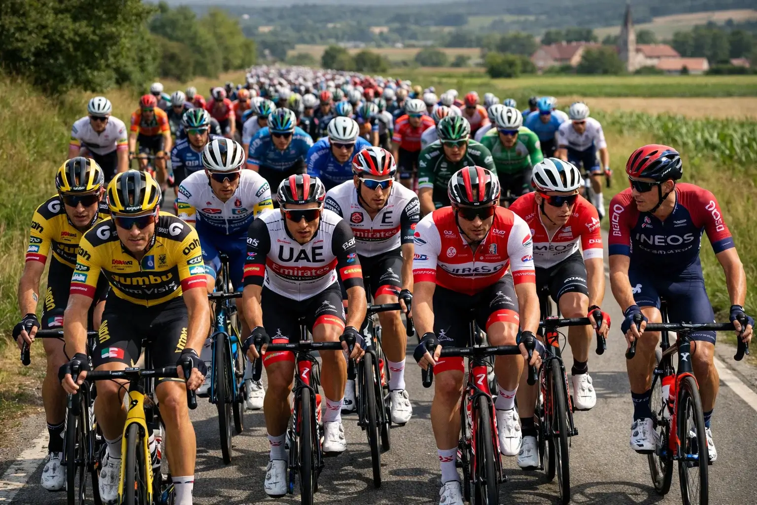 Gruppo di ciclisti professionisti in piena tattica di gara con squadre che si posizionano strategicamente nel gruppo