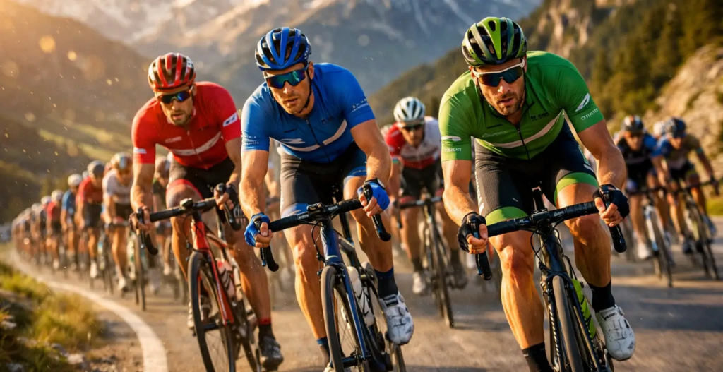 Gruppo di ciclisti professionisti in corsa sulle strade di montagna italiane durante una gara epica al tramonto