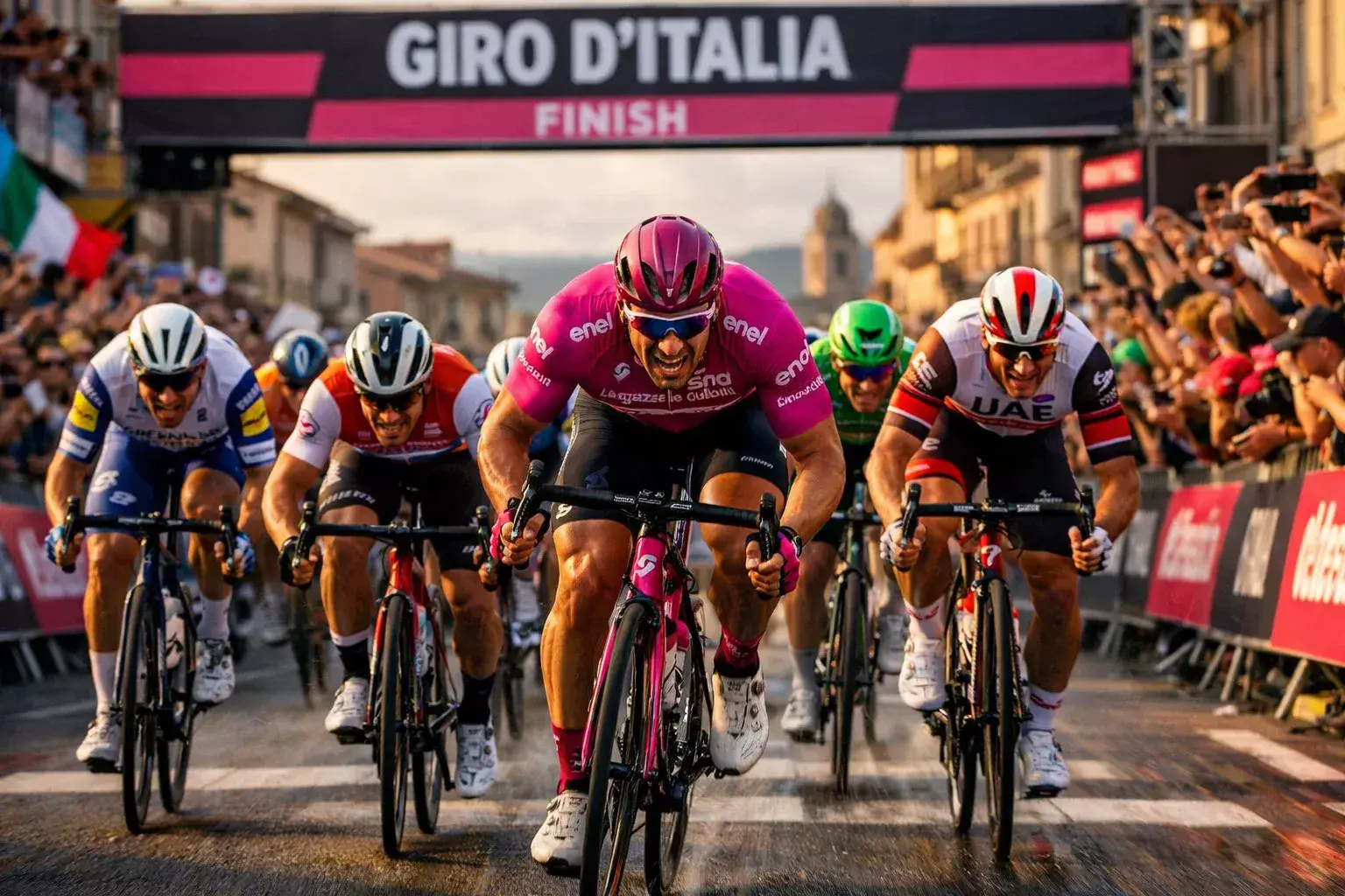 Velocista che indossa la maglia ciclamino della classifica a punti durante una volata di gruppo al Giro d'Italia