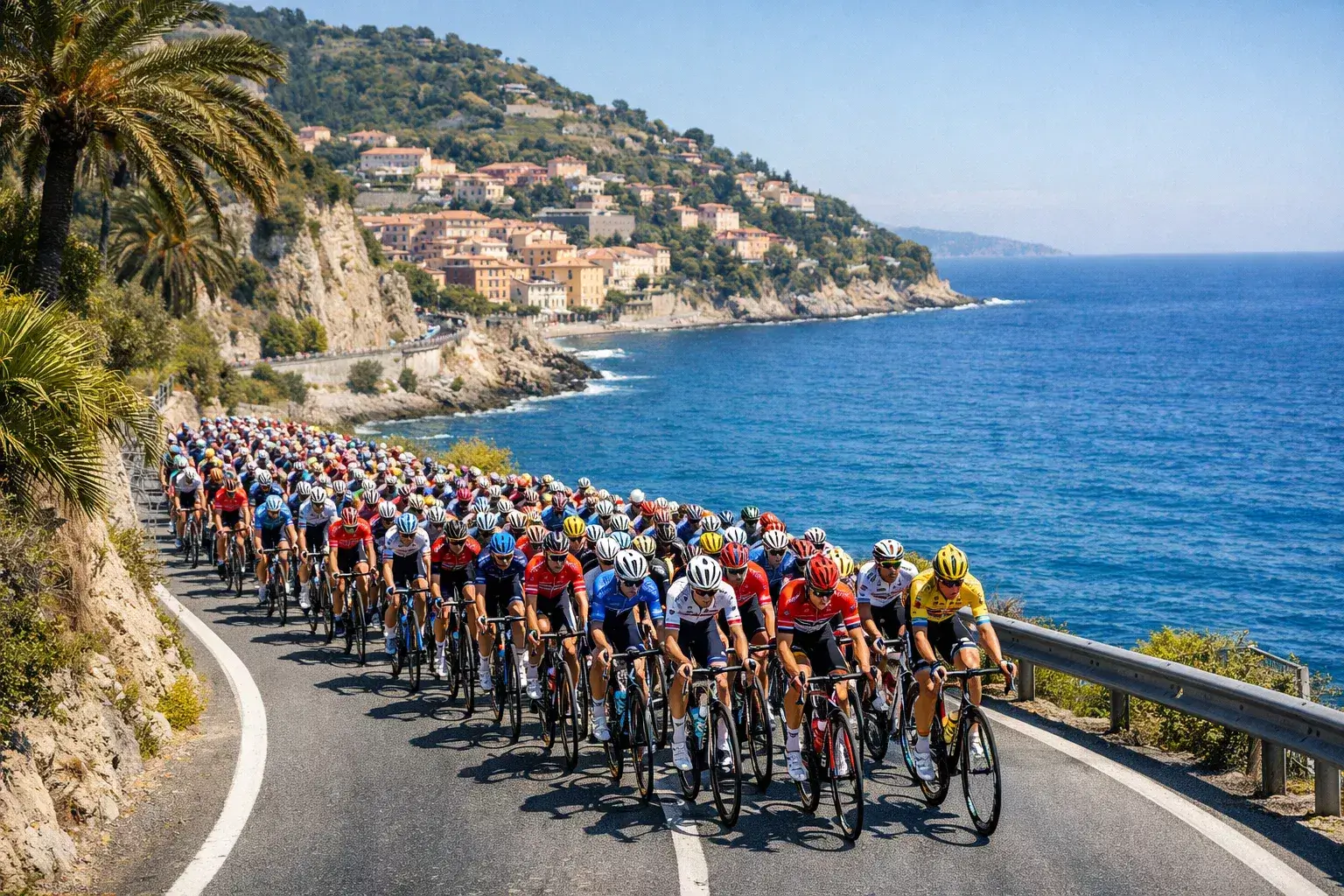 Gruppo di ciclisti professionisti che percorrono la strada costiera ligure durante la Milano-Sanremo con il mare blu sullo sfondo