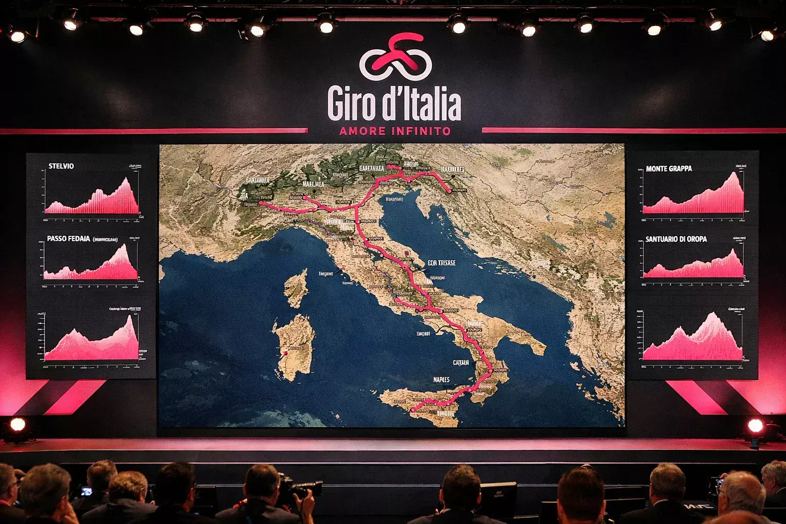 Mappa dettagliata del percorso del Giro d'Italia esposta durante la presentazione ufficiale con il profilo altimetrico delle tappe