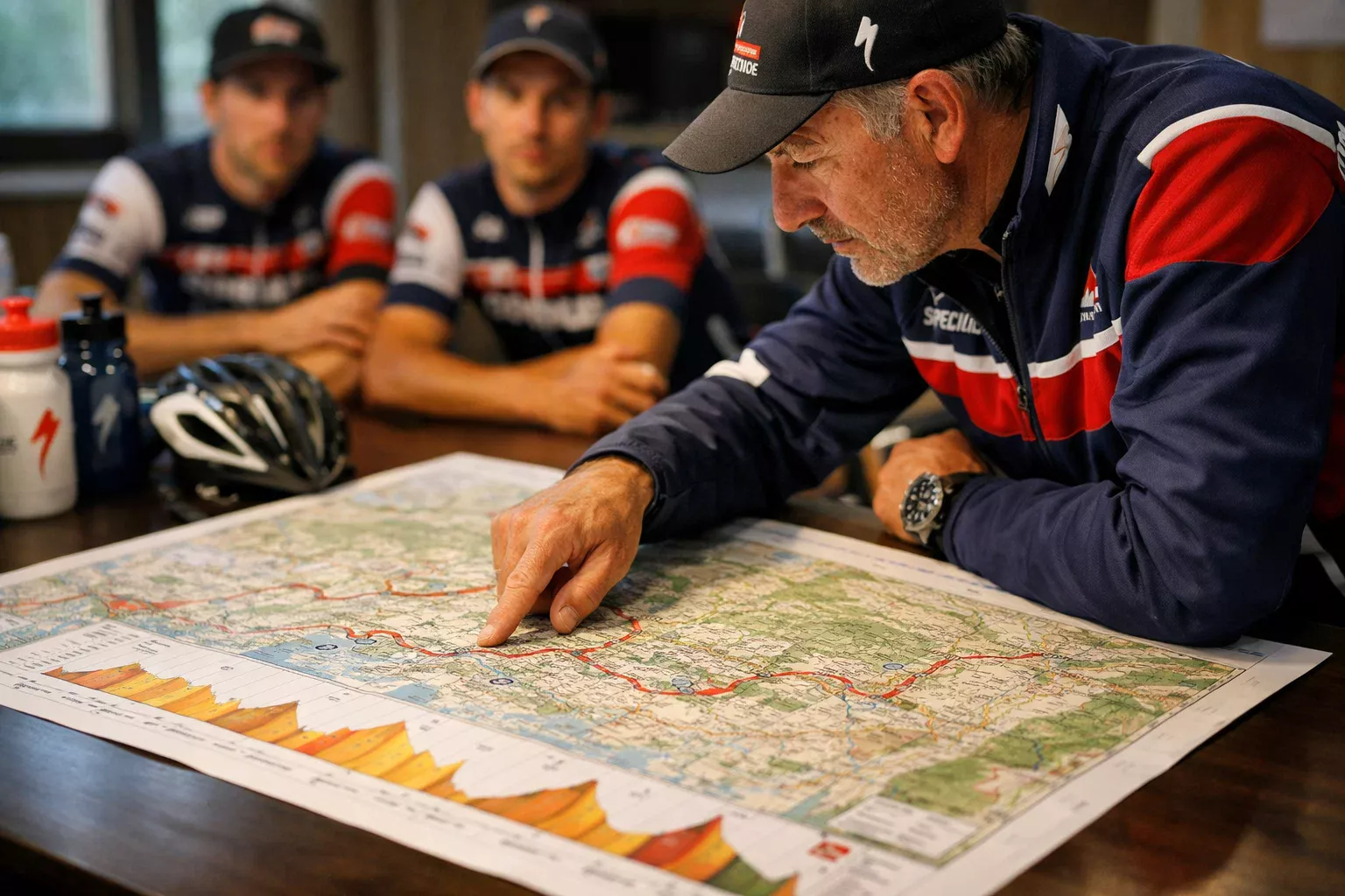 Direttore sportivo che analizza il percorso del Mondiale di ciclismo su una grande mappa topografica durante il briefing della squadra