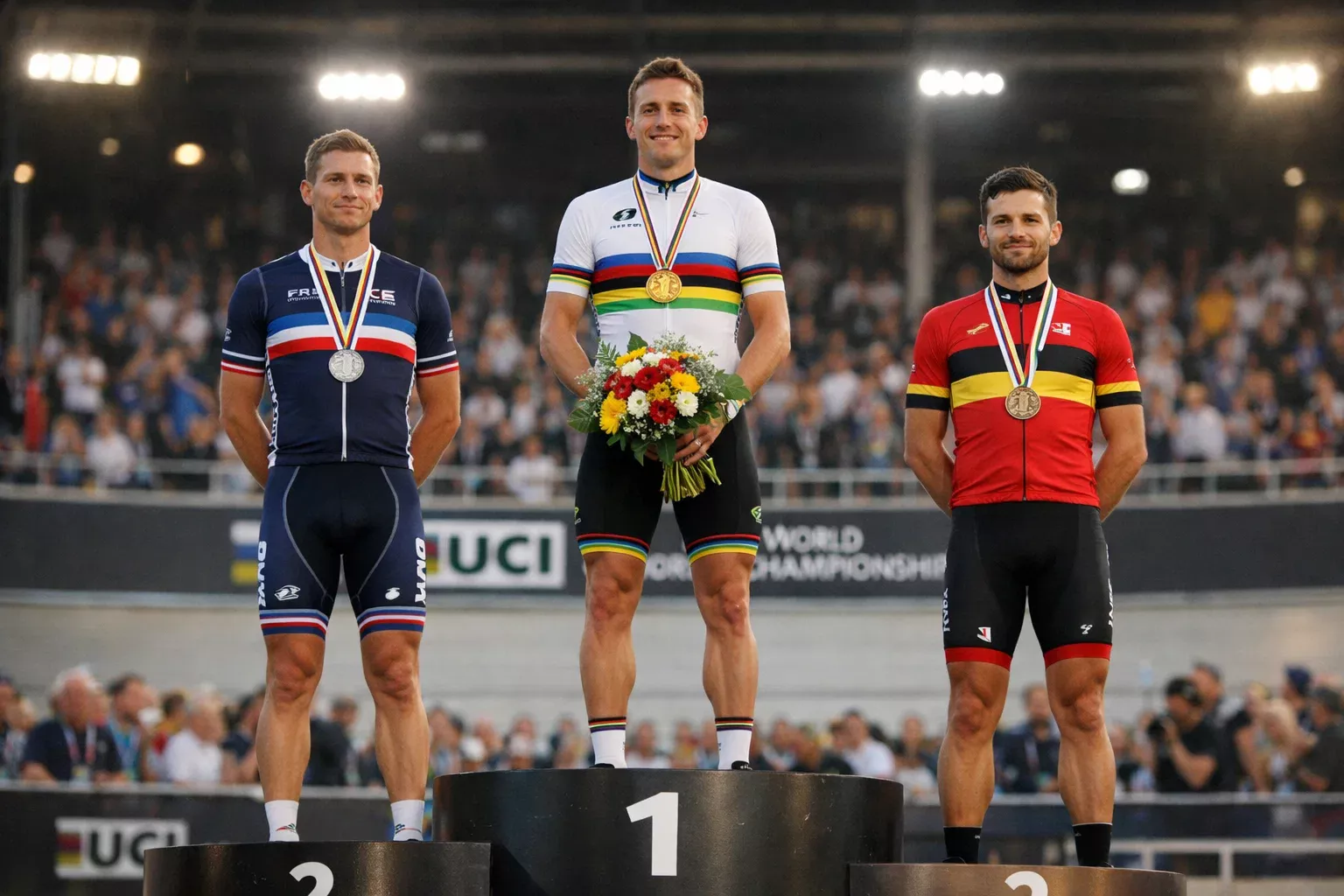 Podio storico dei Campionati del Mondo di ciclismo con tre atleti sul podio e bandiere nazionali
