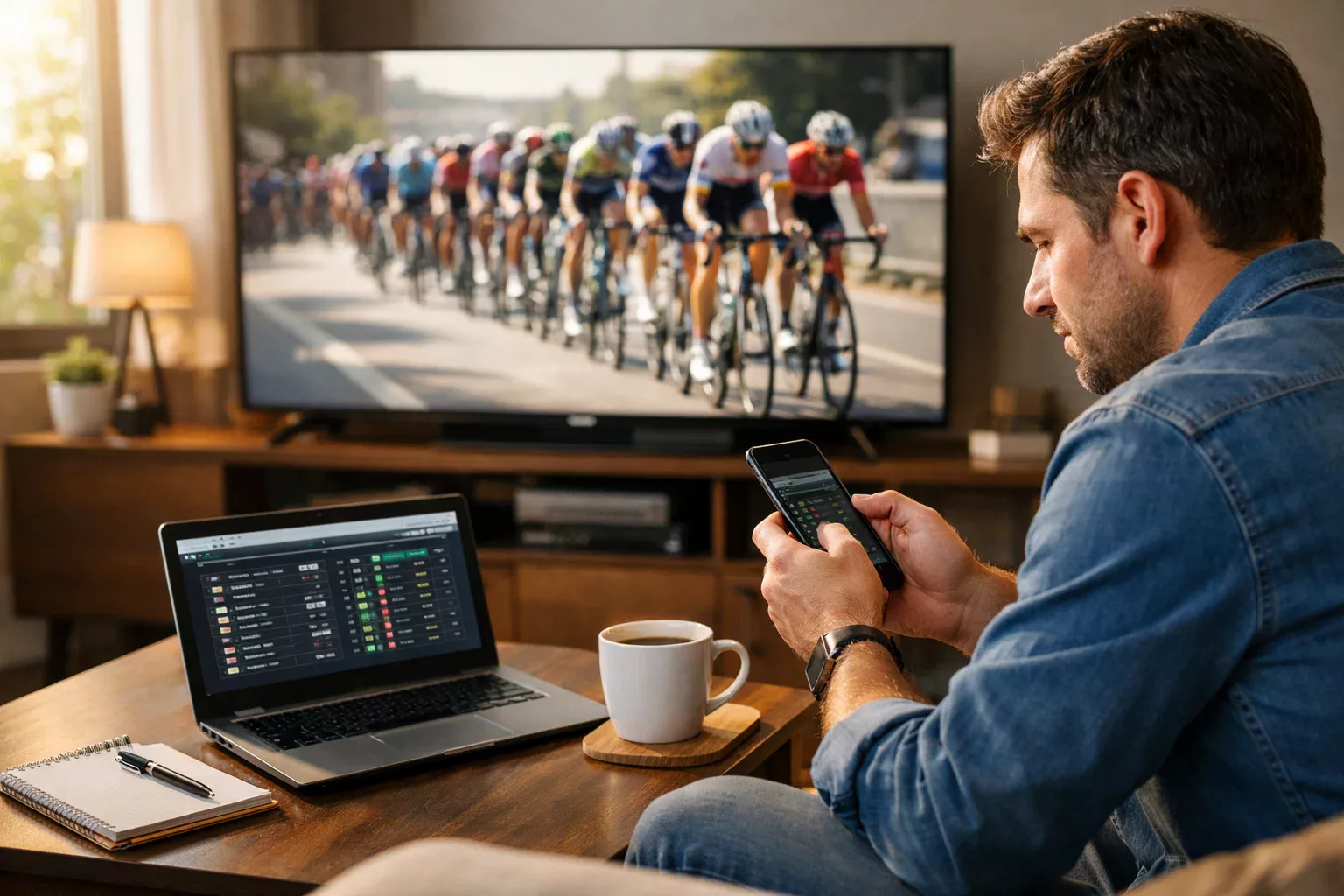 Persona che osserva le quote delle scommesse live sul ciclismo su uno schermo mentre segue la corsa in televisione