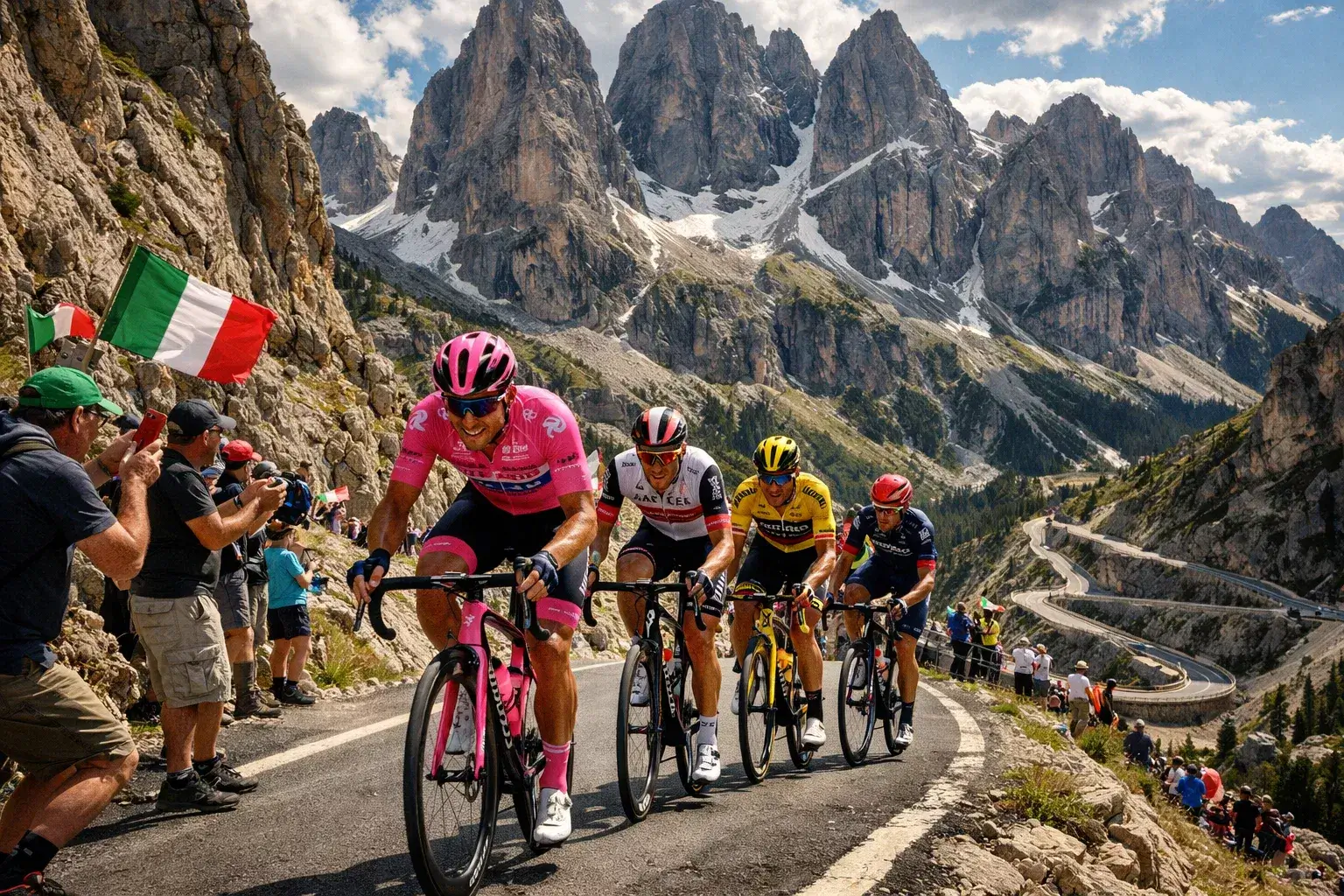 Gruppo di scalatori che affronta una salita dolomitica durante il Giro d'Italia con le cime innevate sullo sfondo