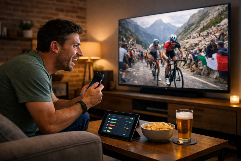 Appassionato di ciclismo segue una gara in diretta TV mentre effettua scommesse live dal suo smartphone