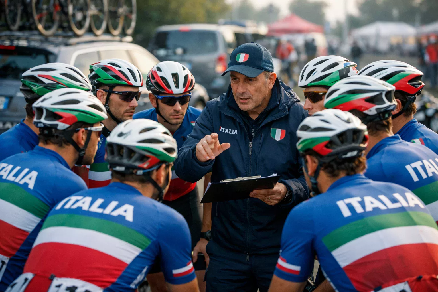 Squadra nazionale di ciclismo riunita in cerchio con il commissario tecnico che illustra la tattica di gara prima della partenza