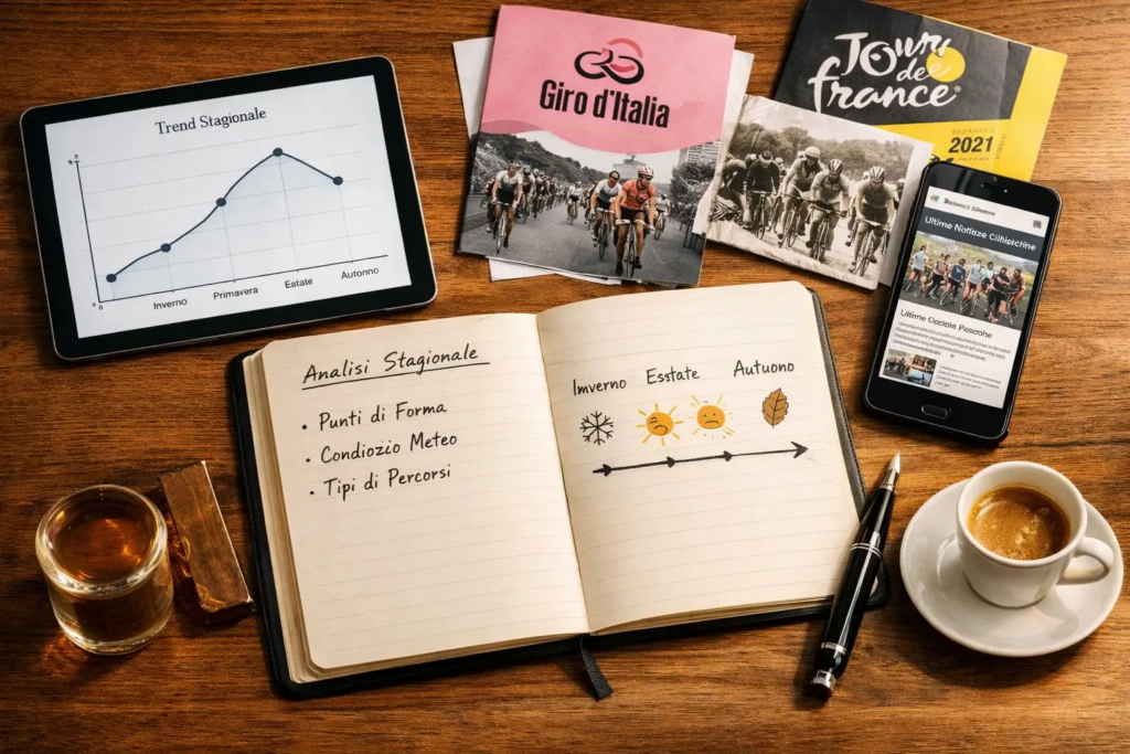 Scrivania con materiali di pianificazione strategica per scommesse ciclistiche: tablet, notebook e programmi di gara