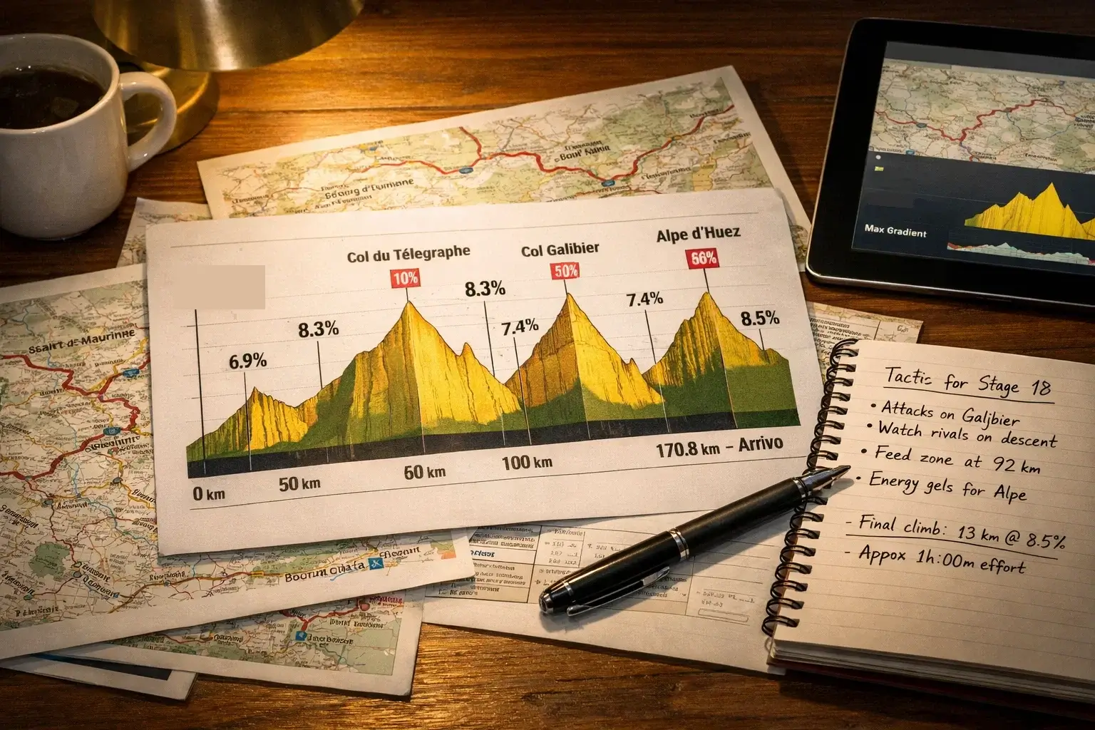 Analista che studia il profilo altimetrico dettagliato di una tappa ciclistica con mappe e dati sul percorso