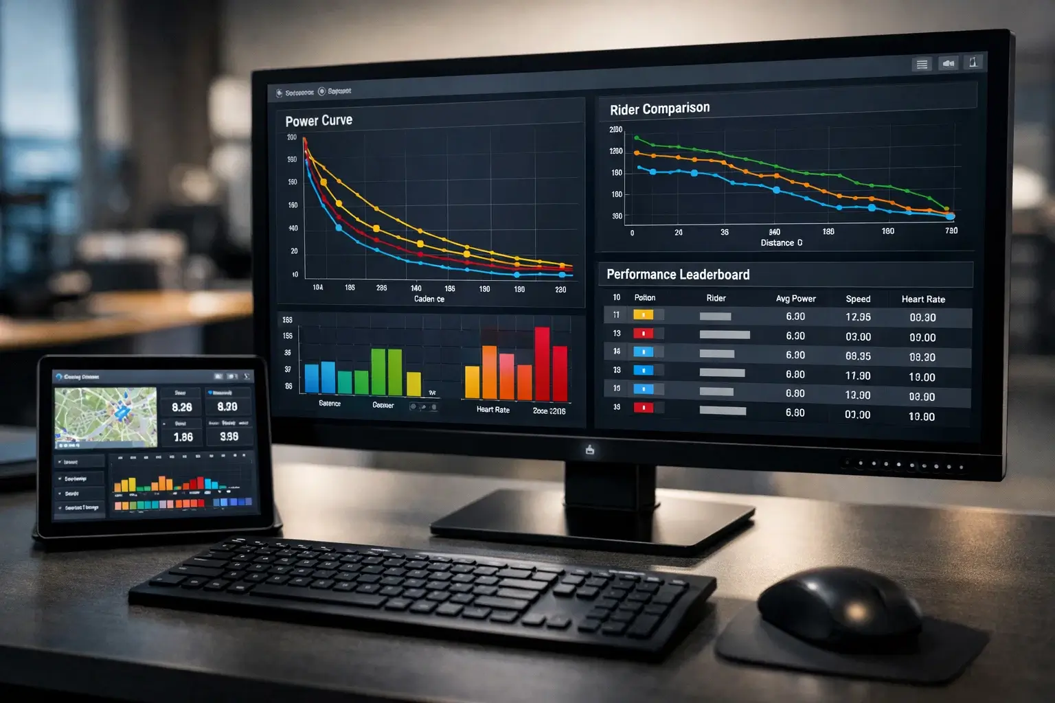 Schermo di computer che mostra grafici di dati di potenza e prestazioni dei ciclisti professionisti per l'analisi dei pronostici