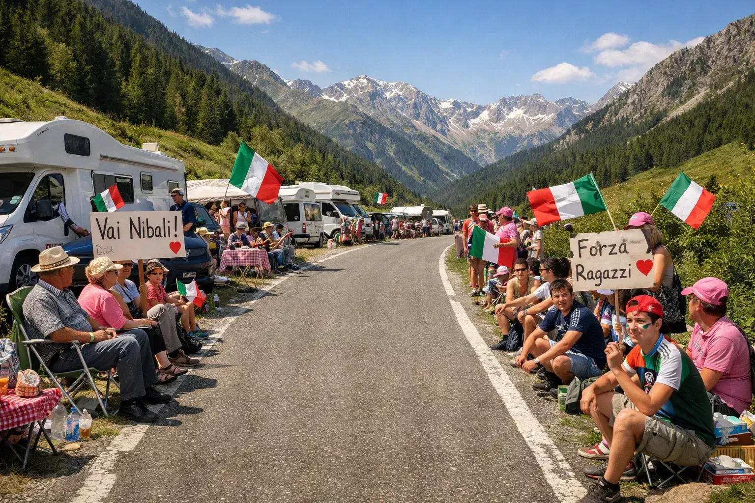 Folla di tifosi entusiasti che aspettano il passaggio del Giro d'Italia lungo una strada di montagna con bandiere italiane
