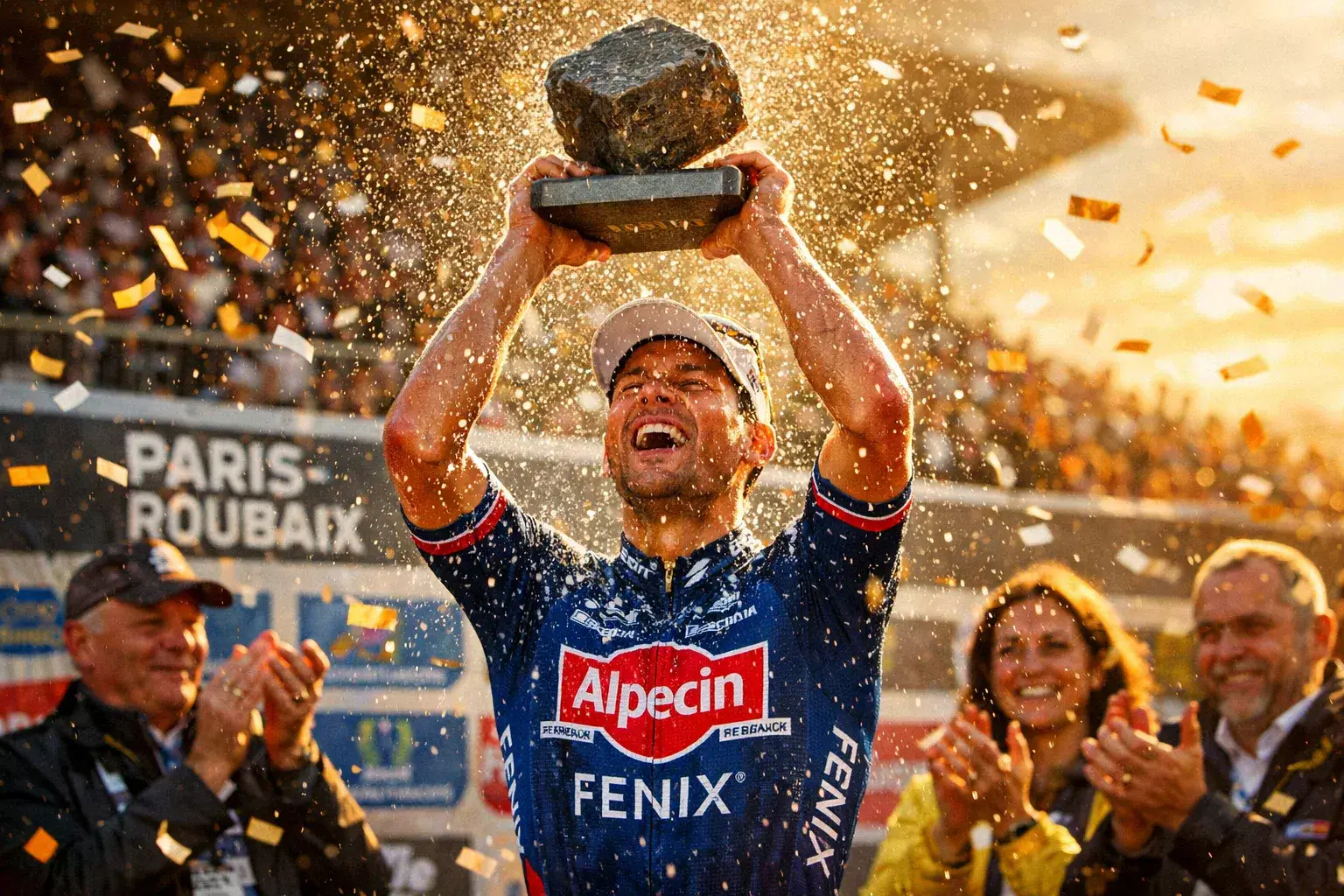 Ciclista vincitore che solleva il prestigioso trofeo di una Classica Monumento sul podio circondato da sponsor e organizzatori